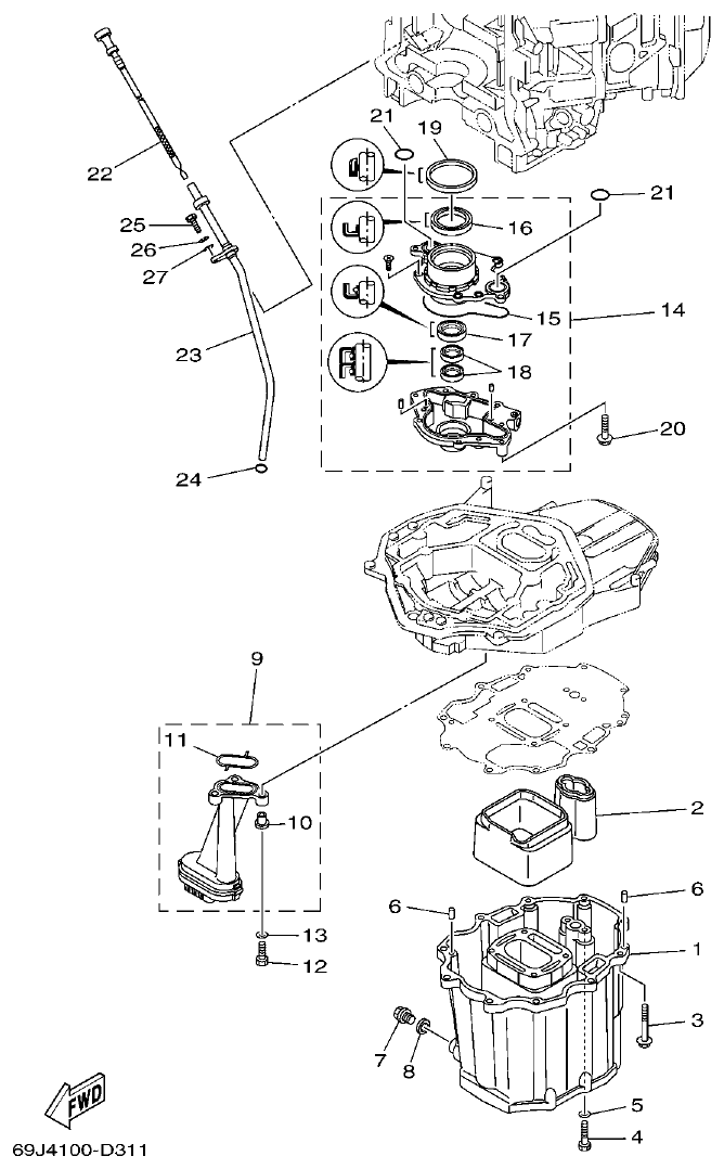 Yamaha F200A, F225A, FL200A, FL225A, F225TR, F200TR, LF225TR, LF200TR OIL PAN parts diagram